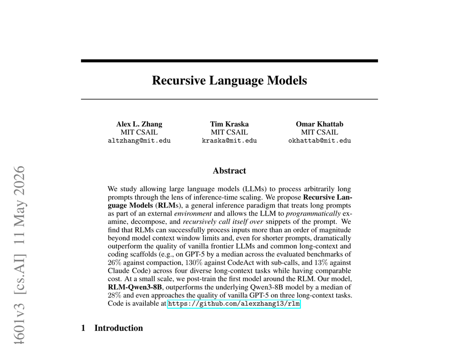 Top half of the first page of the Recursive Language Models arXiv paper